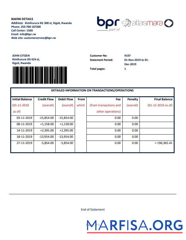Printable Rwanda BPR bank statement word sample